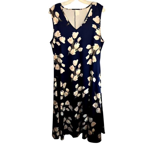 Women's XL Blue Tulip Flower Print Sleeveless Maxi BOHO Sun Dress Miss 16 18 - Picture 2 of 6